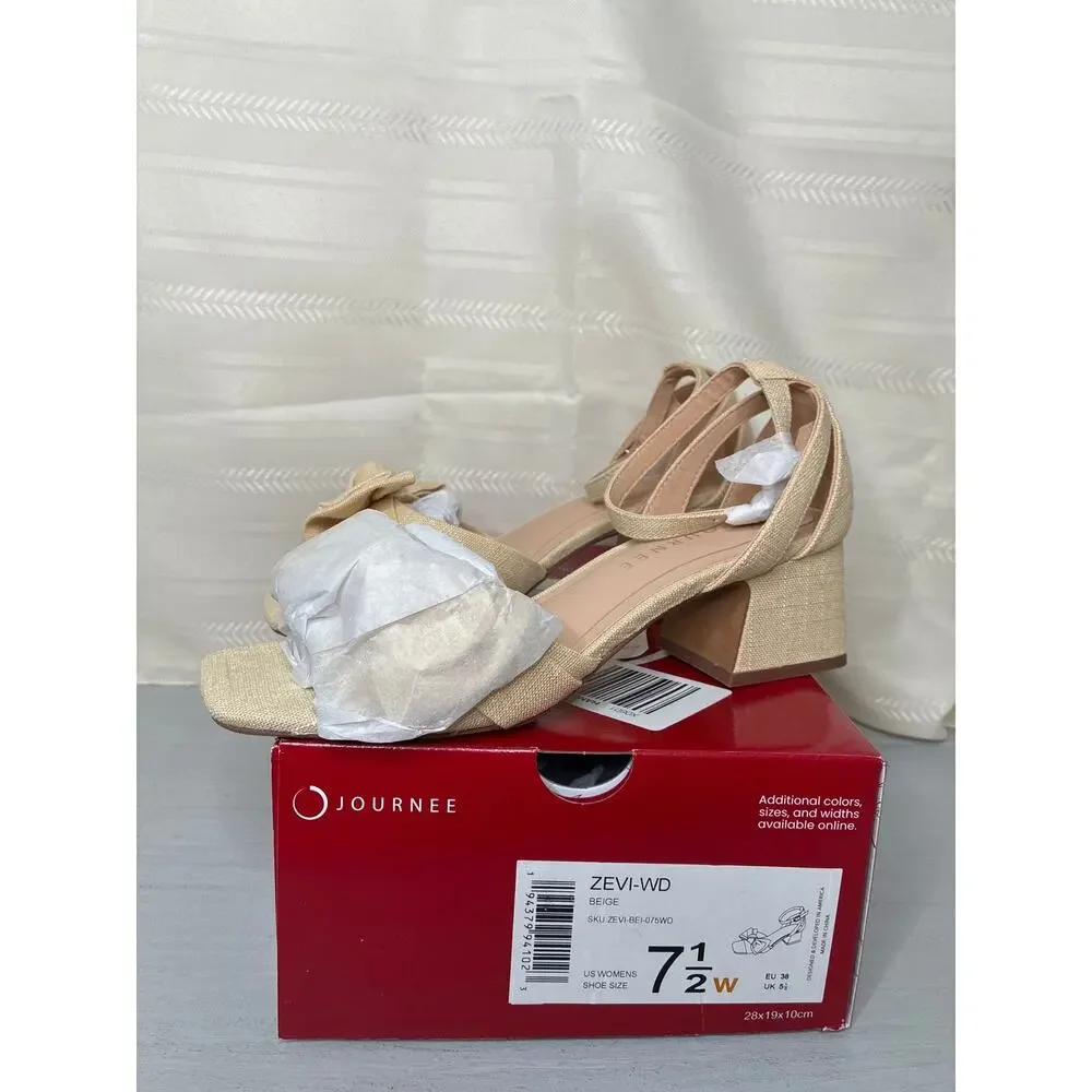 Journee Collection Zevi Linen Block Heel Sandals Beige Size 7.5 Wide